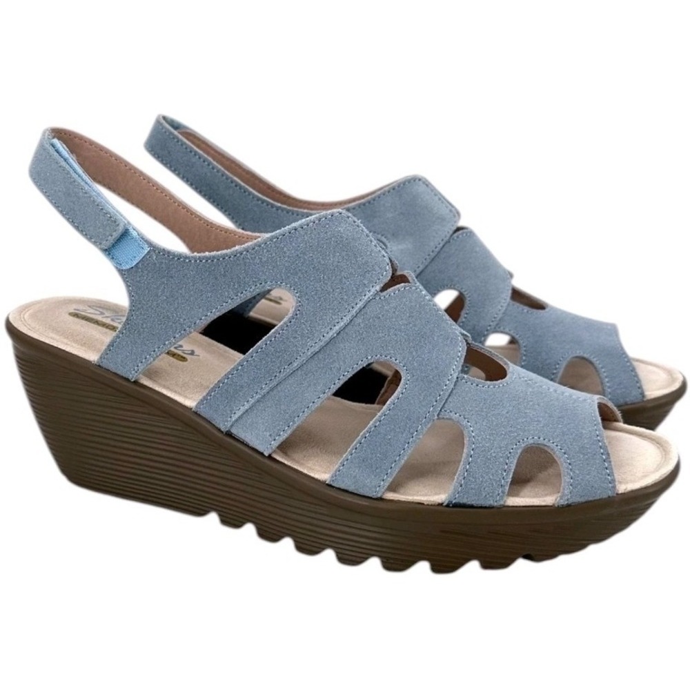 Skechers Parallel Stylin Wedge Sandals Women's Size 7.5W Blue Suede Platform NEW